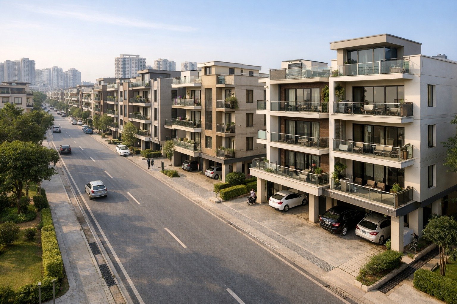 Stilt plus 4 residential builder floor building in Gurugram showing stilt parking and four floors