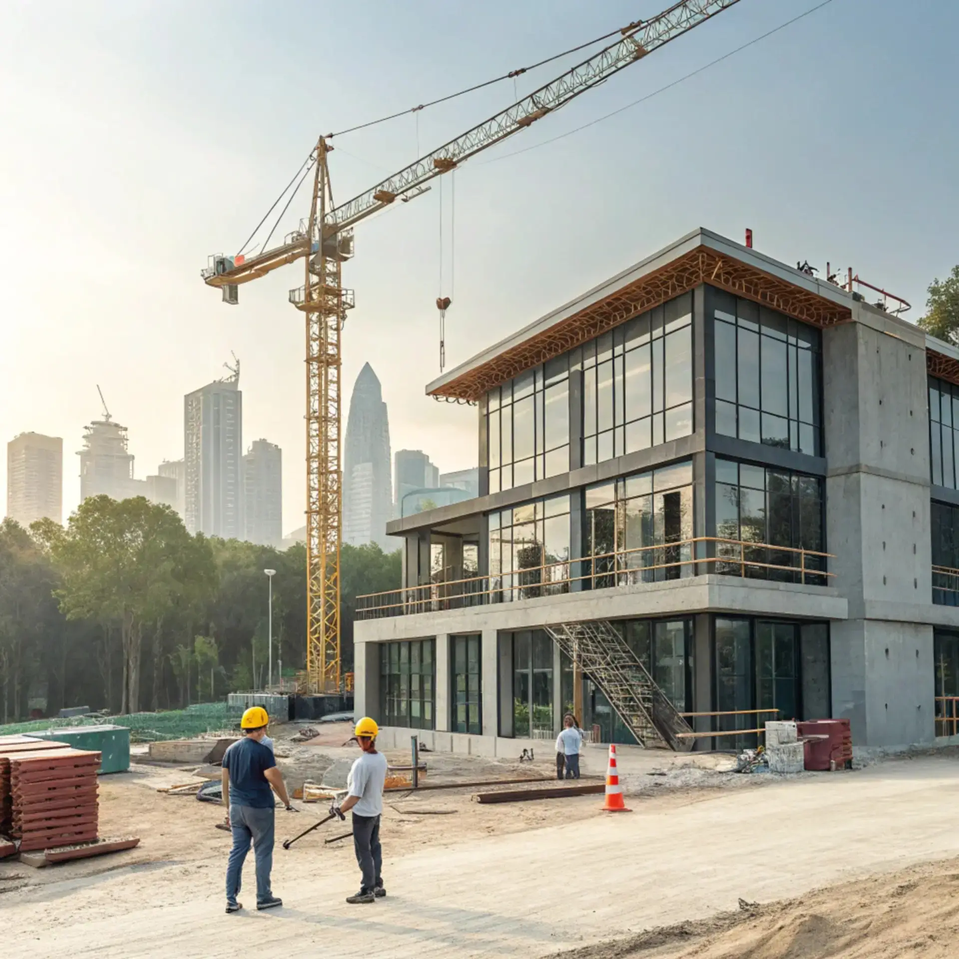 two-men-are-working-building-with-crane-background.jpg-1 | Rana Infra A construction defects checklist begins on site: workers below a building frame that is still open to view