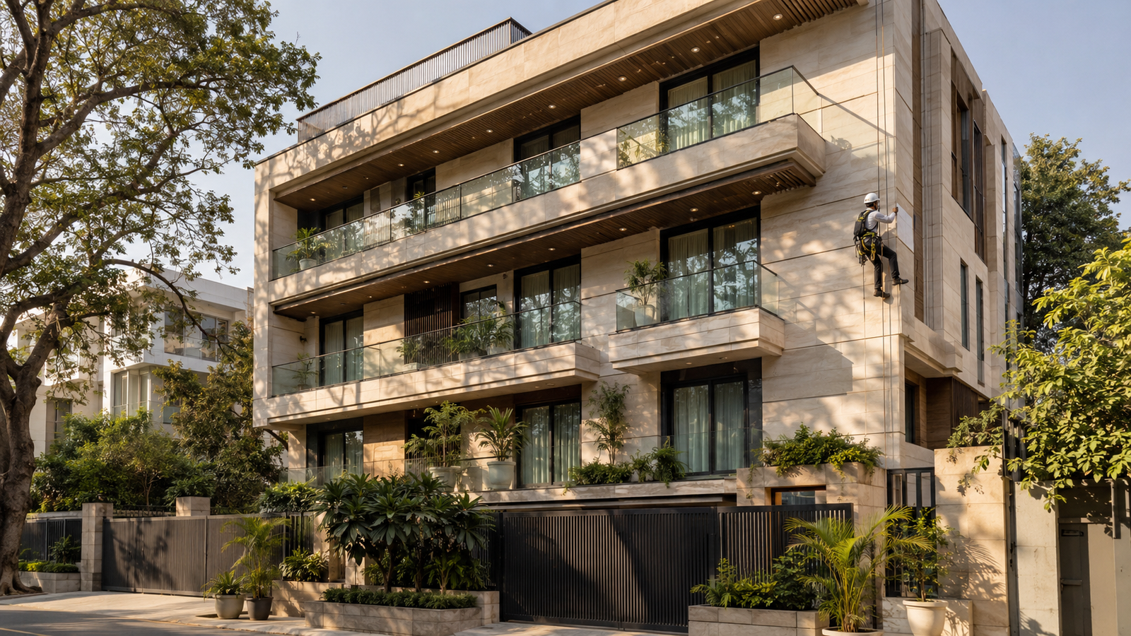 Contemporary luxury builder floor exterior with stone facade and balconies, South Delhi