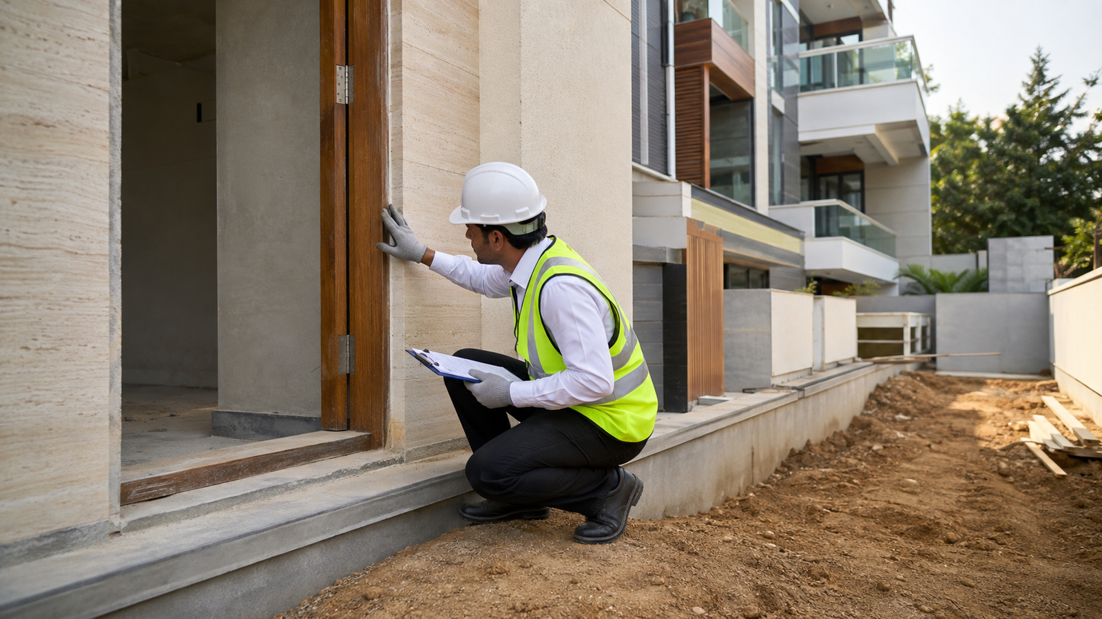 | Rana Infra Site engineer checking door threshold levels during builder floor construction in South Delhi